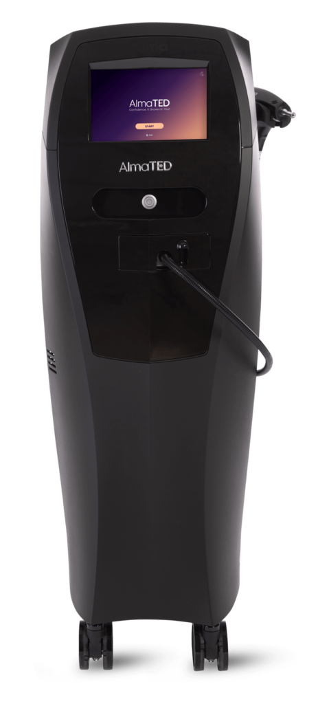 The Alma TED® device, a sleek black FDA-cleared Class 1 medical device for non-invasive hair restoration treatments.